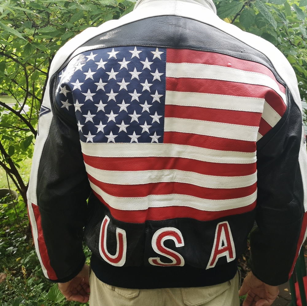 Vintage 1980s PHASE2 American flag USA genuine leather jacket men's size M